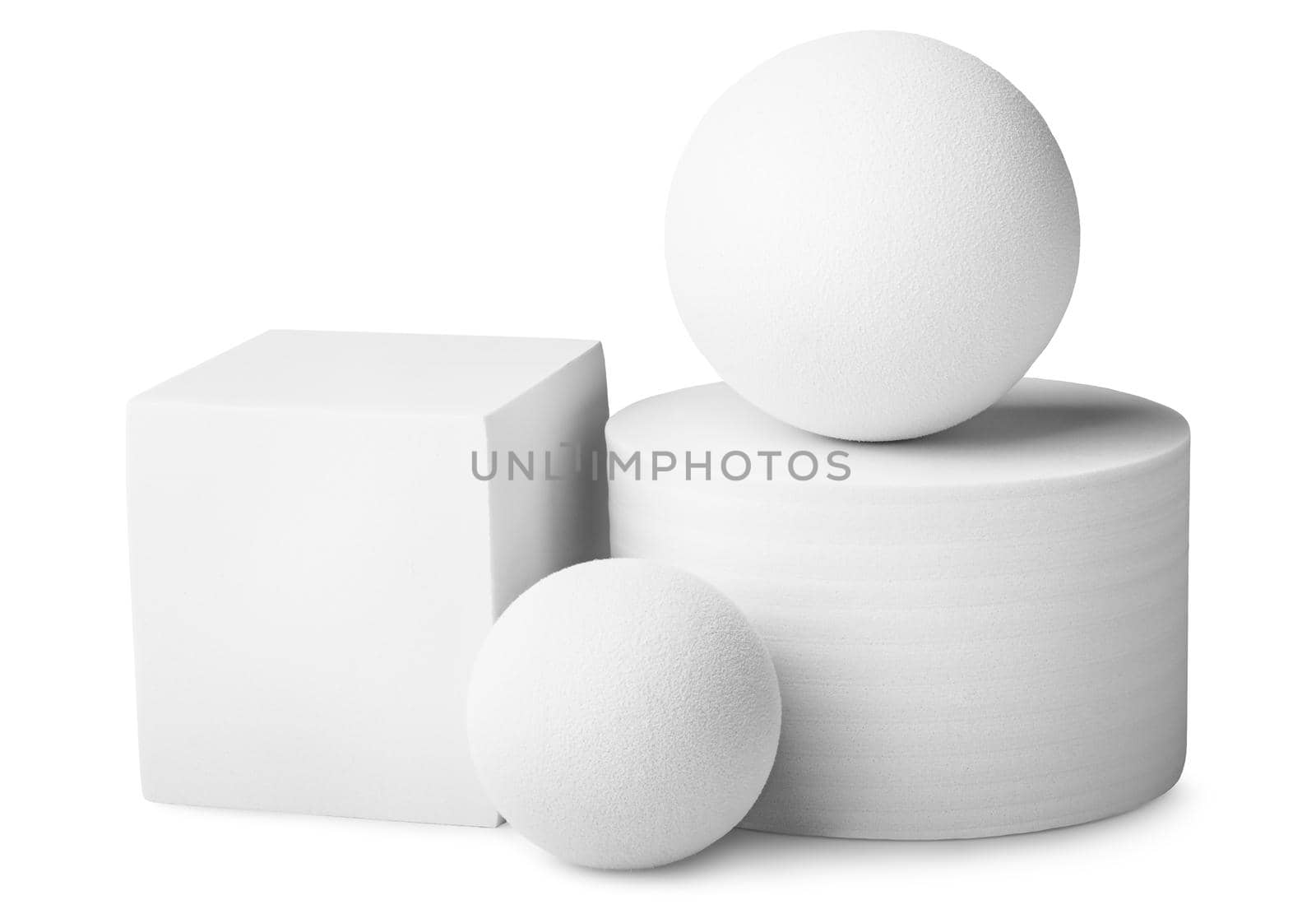 White cylinder, two balls and a square isolated on white background