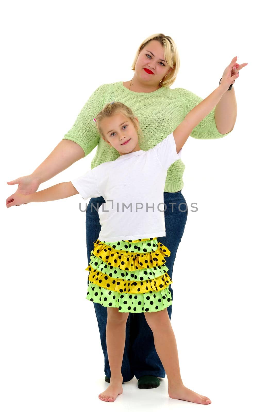 Happy family mom and little daughter hold hands. Isolated on white background.