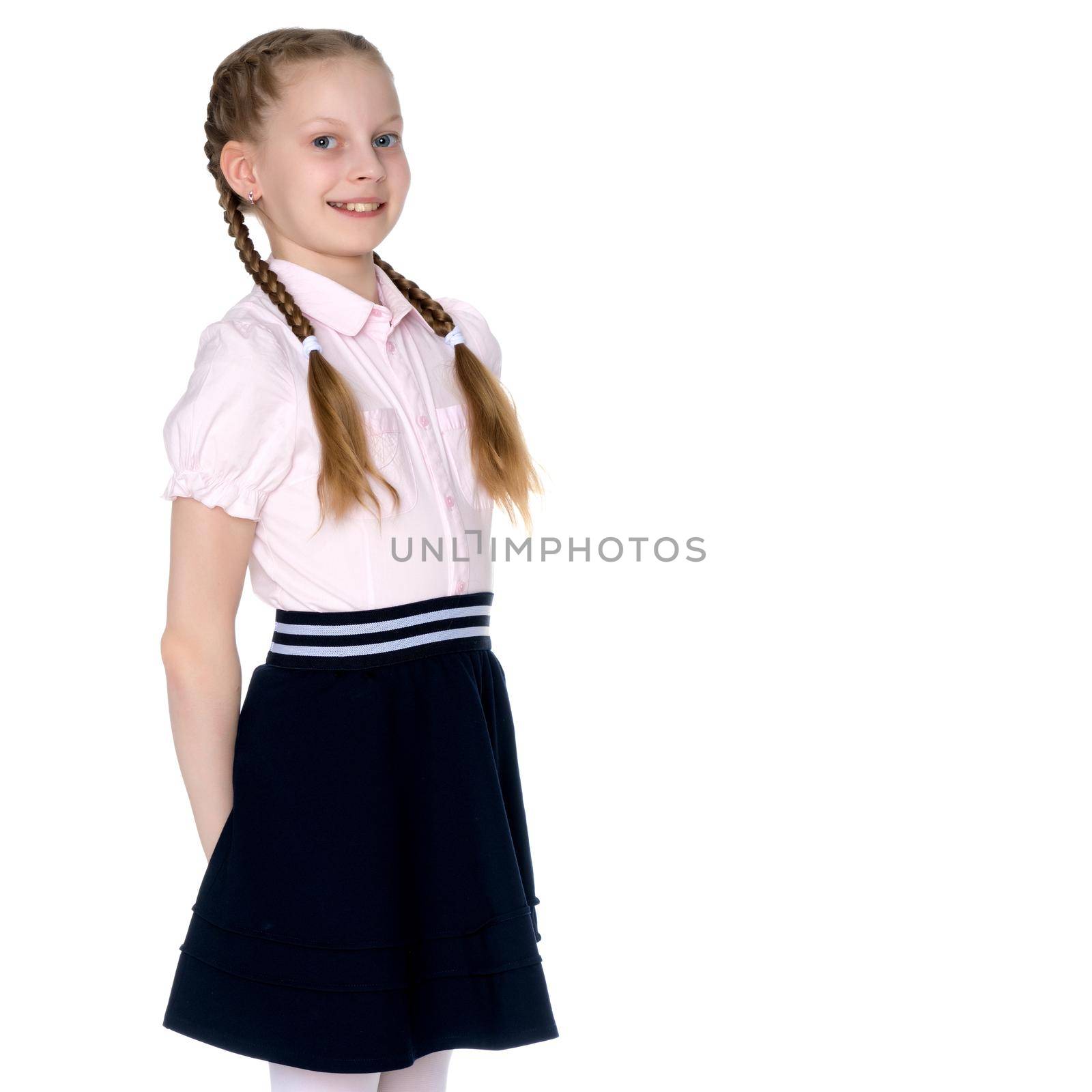 Beautiful little girl close-up. The concept of beauty and fashion, happy childhood. Isolated on white background.