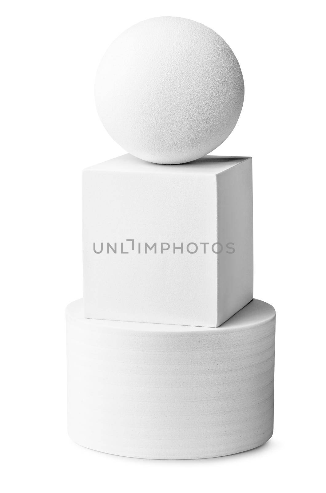White cylinder, ball and square isolated on white background
