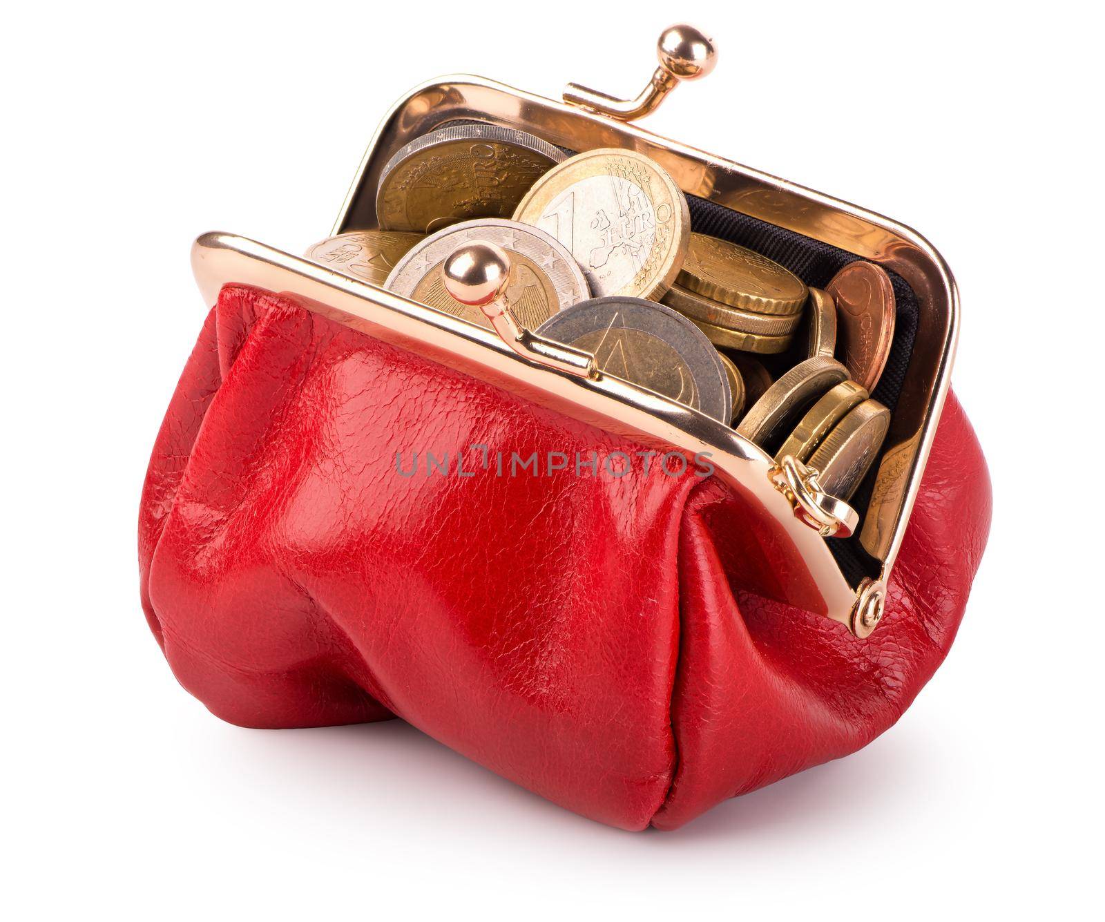 Red wallet with coins isolated on white background