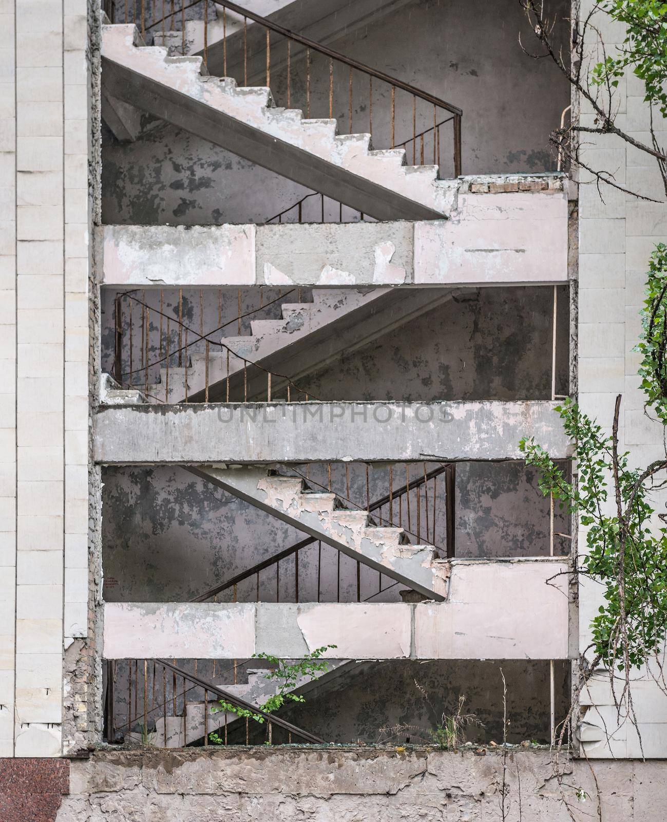 stairs in ruined abandoned house in Pripyat by tan4ikk1