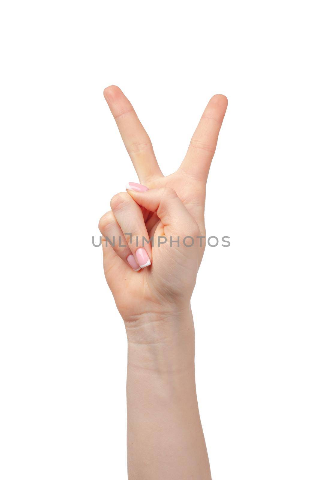 Female hand showing two fingers isolated on white background