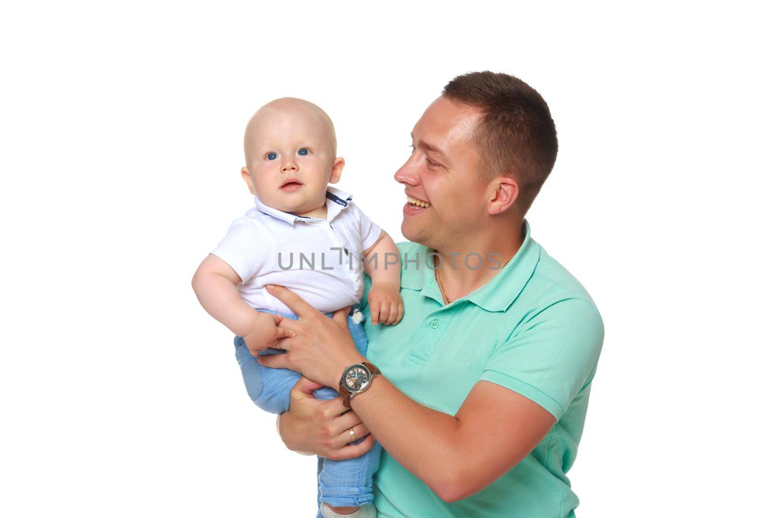 Dad holds the baby in his arms. The concept of educating the father of young children, Happy childhood, a friendly family. Isolated on white background.