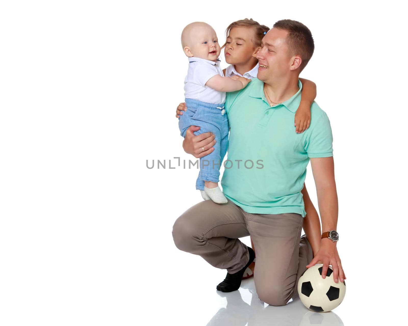 Happy dad with young children. The concept of the upbringing of children, a friendly family, the development of the child in the family. Isolated on white background.