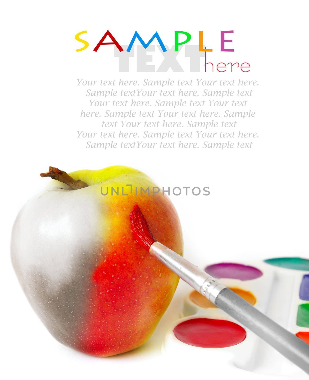 Apple and paints isolated on white background