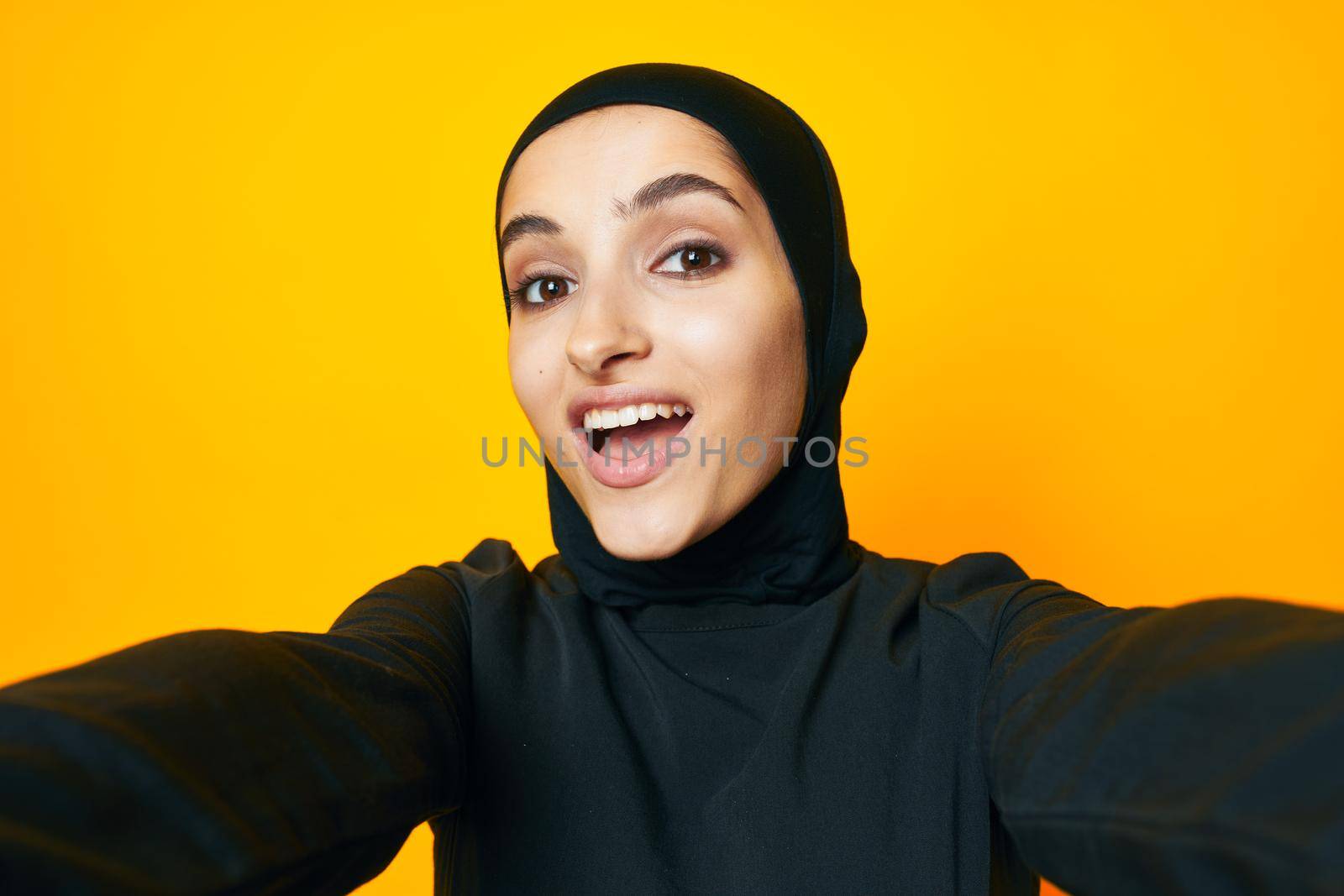 arab woman fun ethnicity model posing emotions studio lifestyle. High quality photo