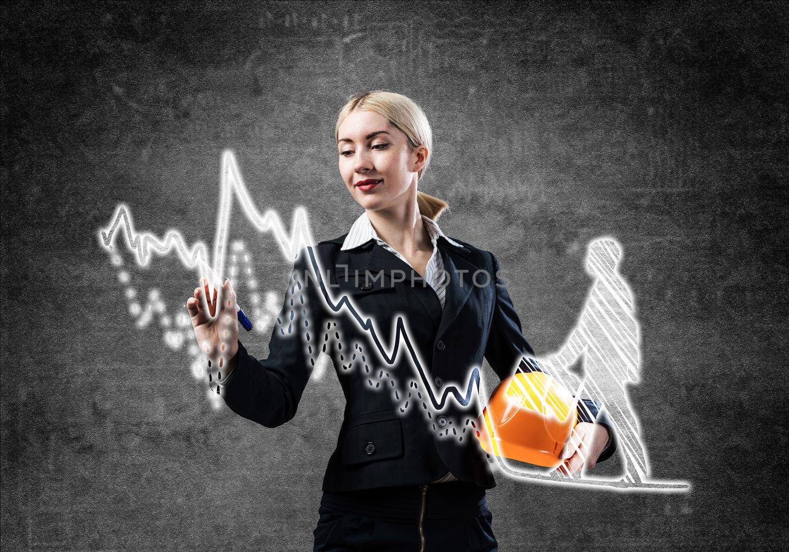 Business lady drawing success graph of professional career. Strategy planning and development of personal growth. HR specialist in business suit with safety helmet. Recruitment agency assistance.