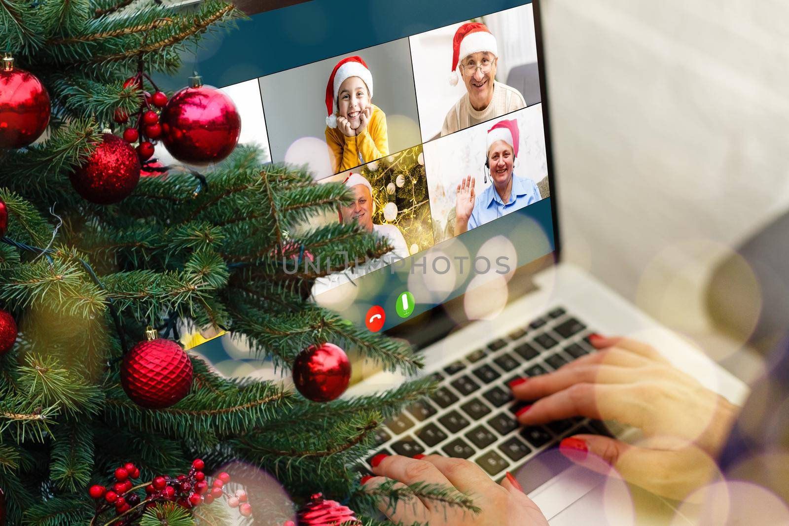 Attractive happy young girl student having video chat, waving. christmas by Andelov13