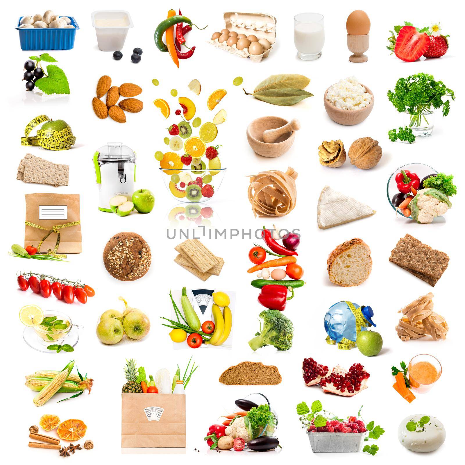 different products collage isolated on white background