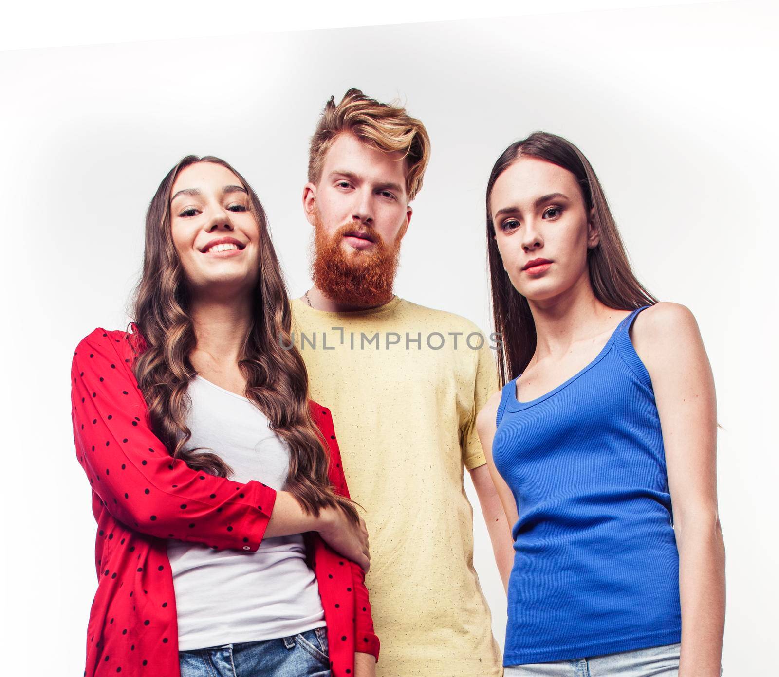 company of hipster guys, bearded red hair boy and girls students having fun together friends, diverse fashion style, lifestyle people concept isolated on white background close up