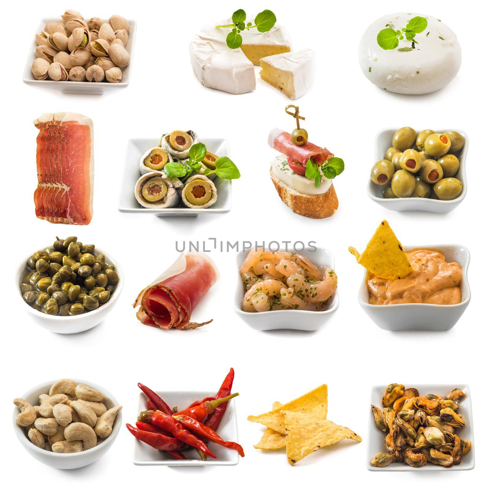 photo collage of spanish tapas isolated on white