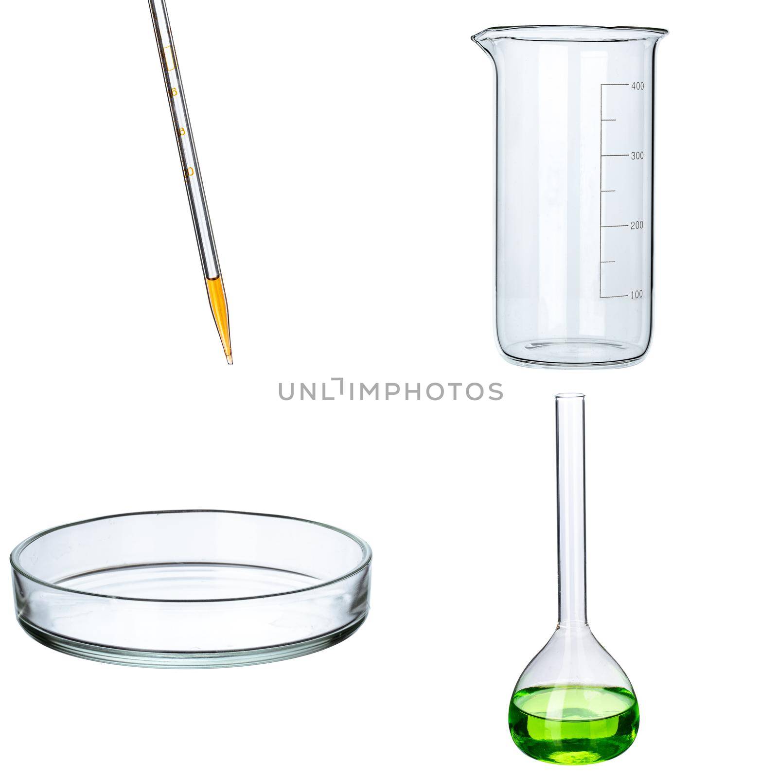 Collage of laboratory glassware isolated on white background