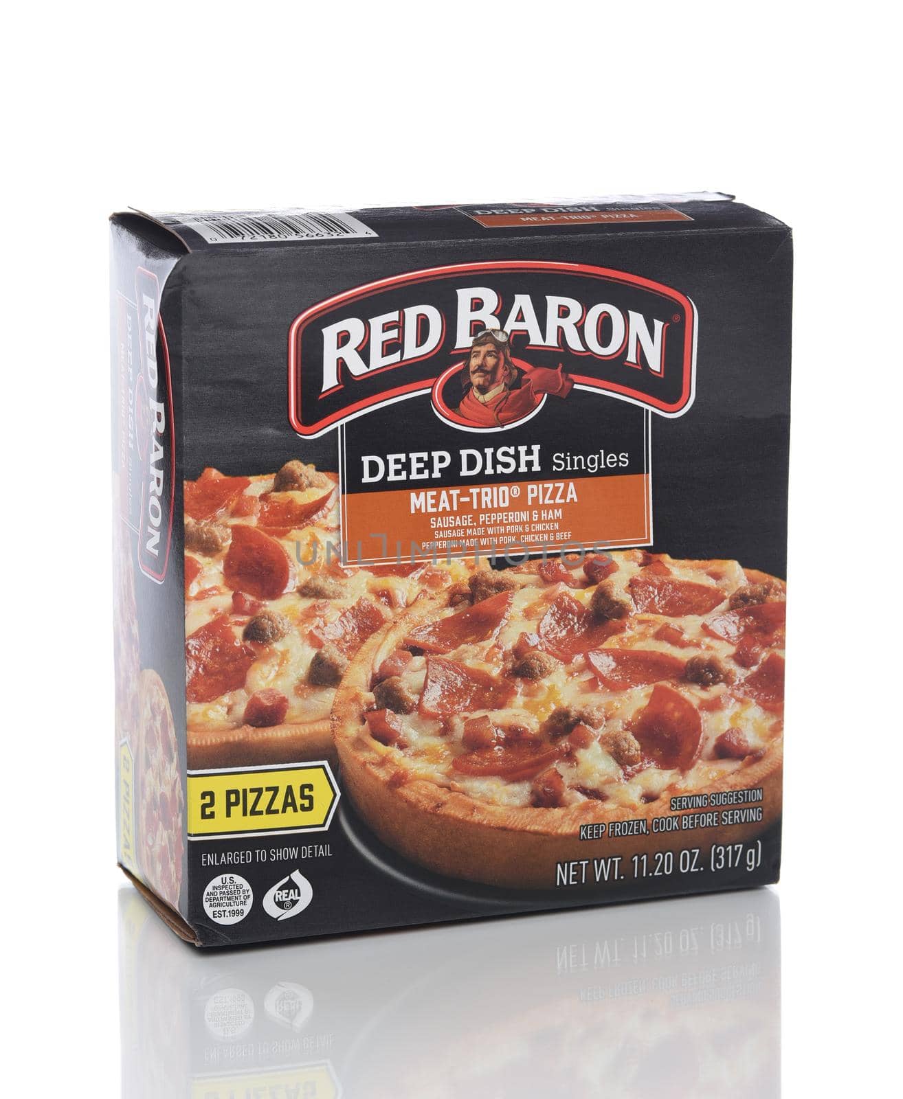 IRVINE, CALIFORNIA - 8 APRIL 2020: A box of Red Baron Deep Dish Meat-Trio singles frozen pizza.