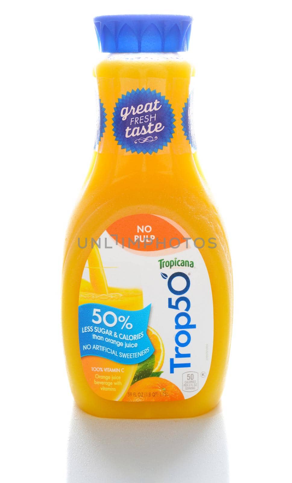 IRVINE, CA - FEBRUARY 7, 2015: A bottle of Trop50. From Tropicana Products, Trop50 is a reduced calorie orange juice with no added sugars and added vitamins.