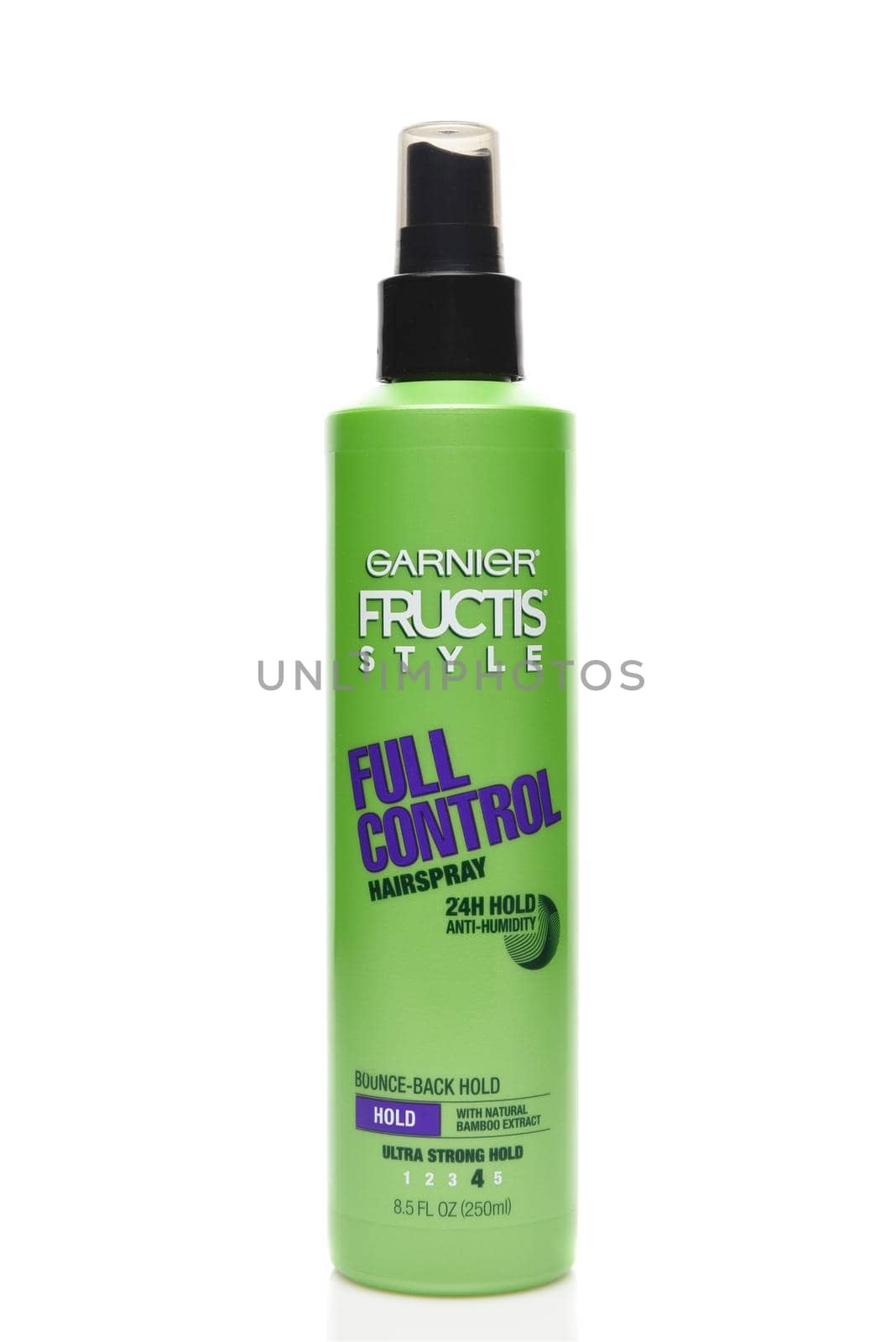 IRVINE, CALIFORNIA - AUGUST 20, 2019: A 8.5 ounce bttle of Garnier Fructis Full Control Hairspray, Ultra Strong Hold.  by sCukrov