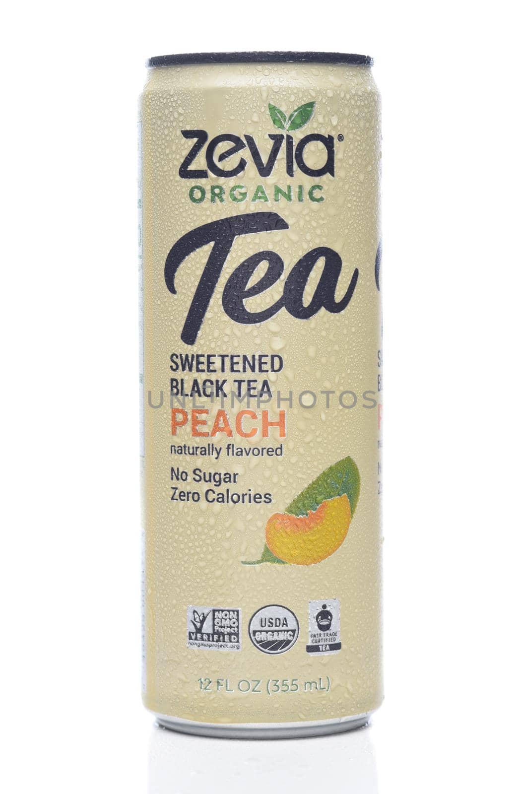 IRIVNE, CALIFORNIA - 17 JUL 2021: A can of Zevia Organic Peach Flavored Tea on white.