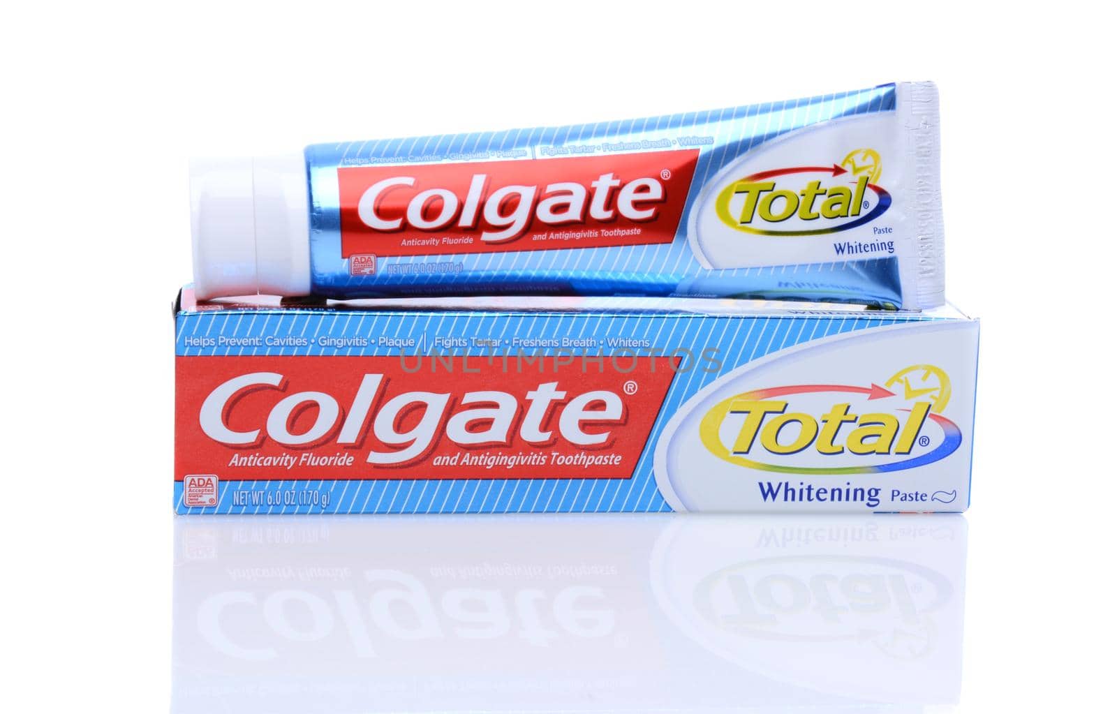IRVINE, CA - May 14, 2014: A 6oz tube of Colgate Total Toothpaste. Colgate, a sub-brand of Colgate-Palmolive, is an oral hygiene product line of toothpastes, toothbrushes, mouthwashes and dental floss. 