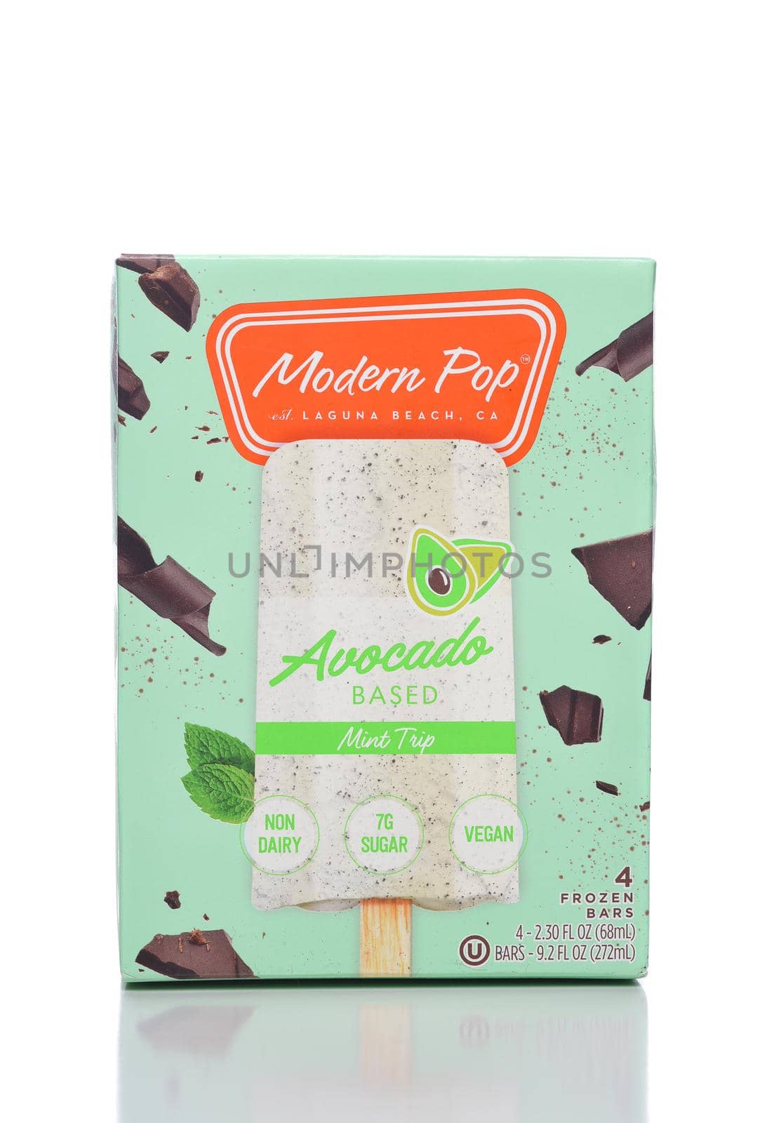 IRVINE, CALIFORNIA - 12 NOV 2020: A package of Modern Pop an Avocado based non-dairy, vegan Frozen Pop. 