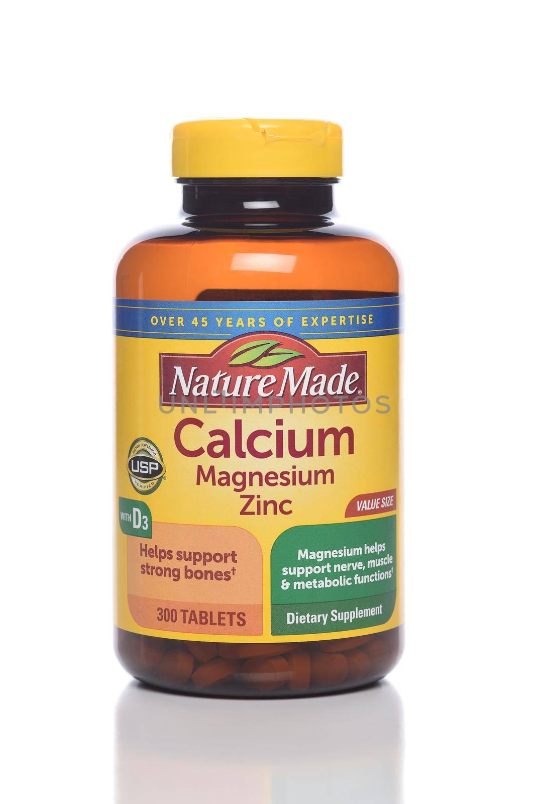 IRVINE, CALIFORNIA - 12 NOV 2020: A bottle of Nature Made Calcium Magnesium Zinc Dietary Supplement.
