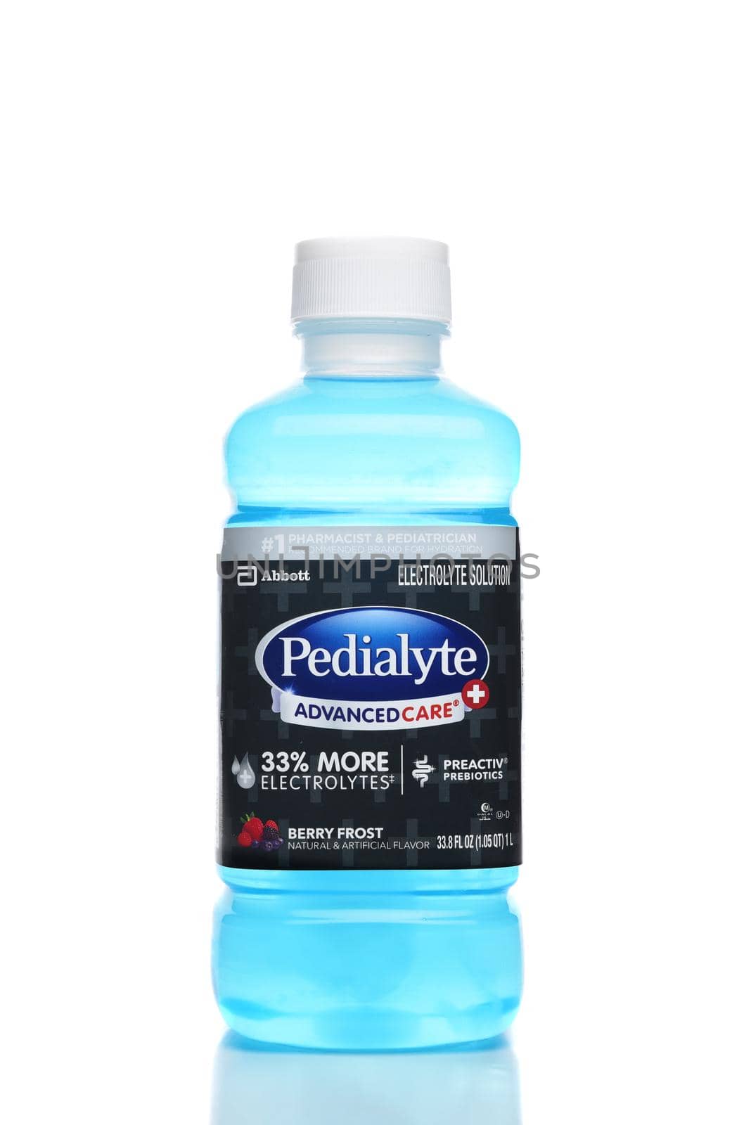 IRVINE, CALIFORNIA - 21 DEC 2020: A bottle of Pedialyte Advanced Care Electrolyte Solution, Berry Frost Flavor.