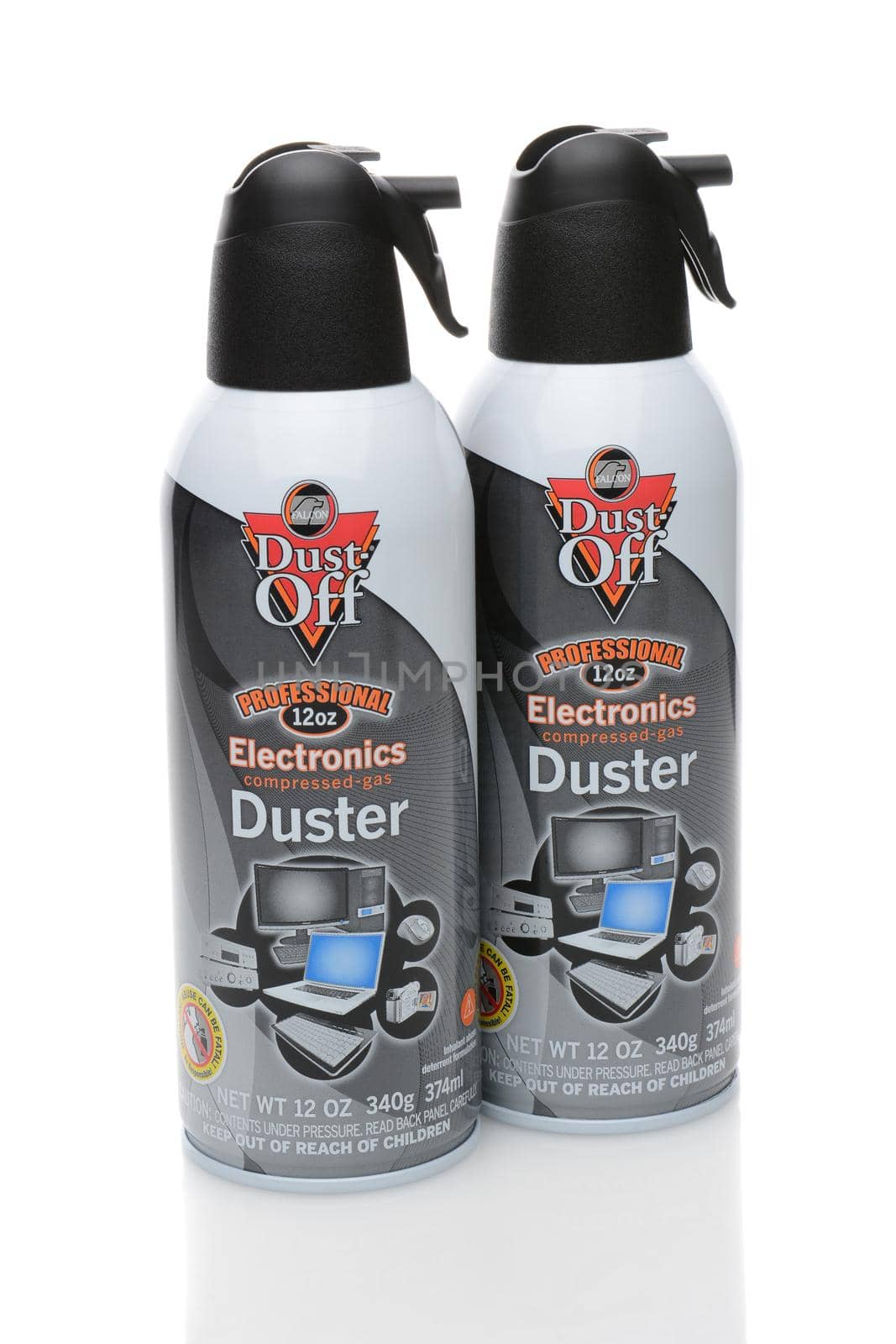IRVINE, CA - DECEMBER 29, 2014: Two cans of Dust-Off cleaner. From Falcon it contains difluoroethane and is used to remove particulates and dust from computers and electronic equipment. 