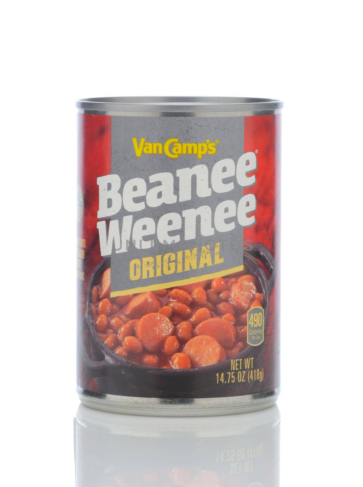 A can of Van Camps Beanee Weenee Original, cut up hot dogs mixed with baked beans by sCukrov