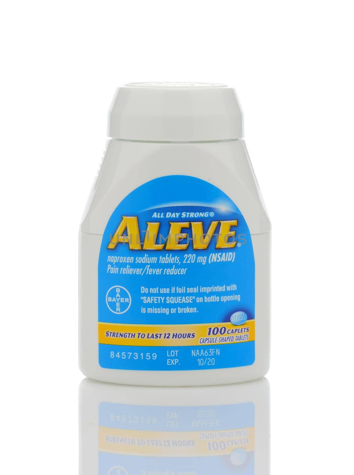 IRVINE, CALIFORNIA - MAY 22, 2019:  A bottle of Aleve Caplets, a Naproxen Sodium pain reliever from Bayer.
