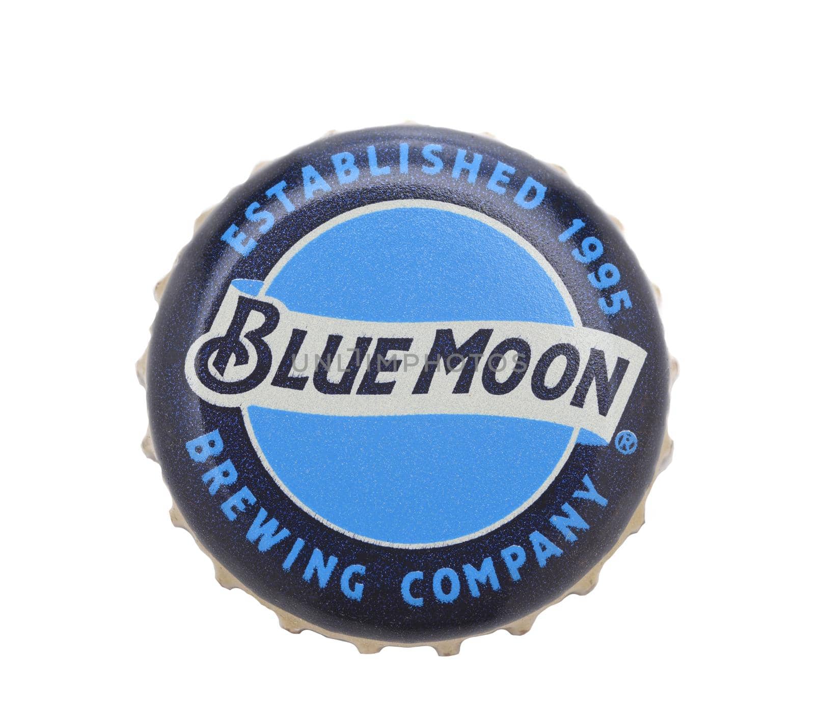 IRVINE, CALIFORNIA - 4 JUNE 2020: Closeup of a Blue Moon Belgian White Ale bottle cap on white. by sCukrov