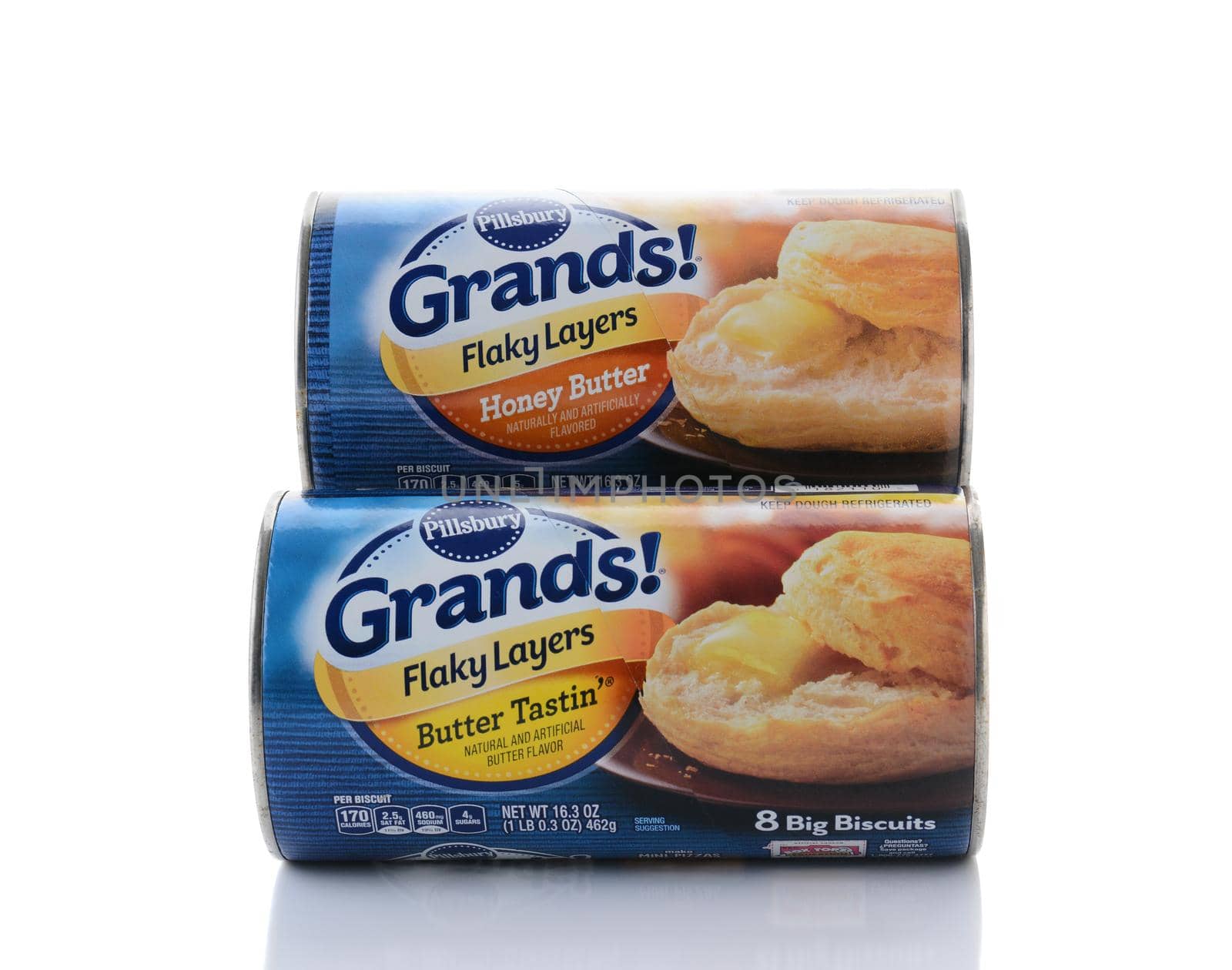 IRVINE, CA - FEBRUARY 15, 2015: Two cans of Pillsbury Grands Biscuits. A line of refrigerated ready to bake doughs from General Mills.