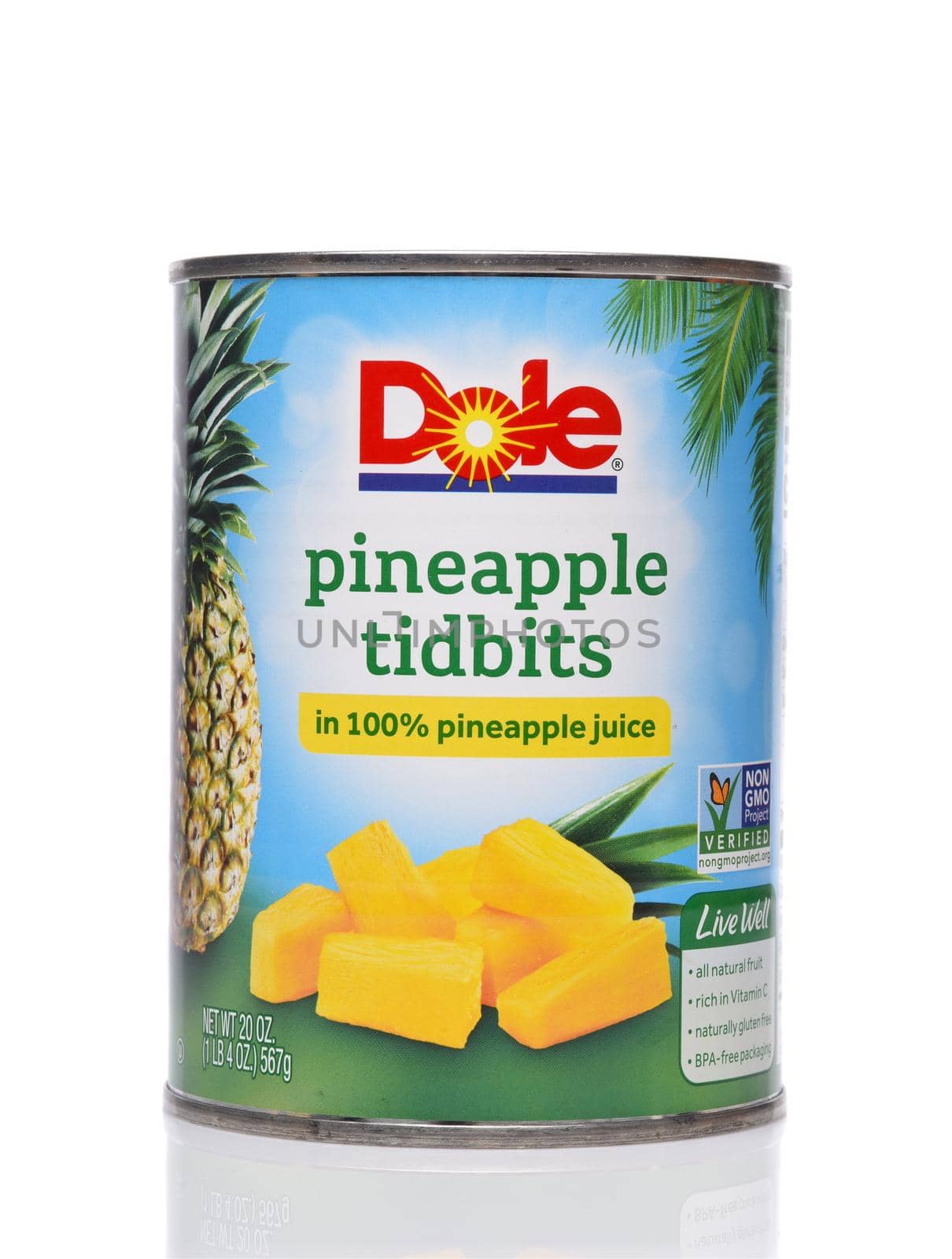 IRVINE, CALIFORNIA - 24 DECEMBER 2019: A can of Dole Pineapple Tidbits in pineapple juice.