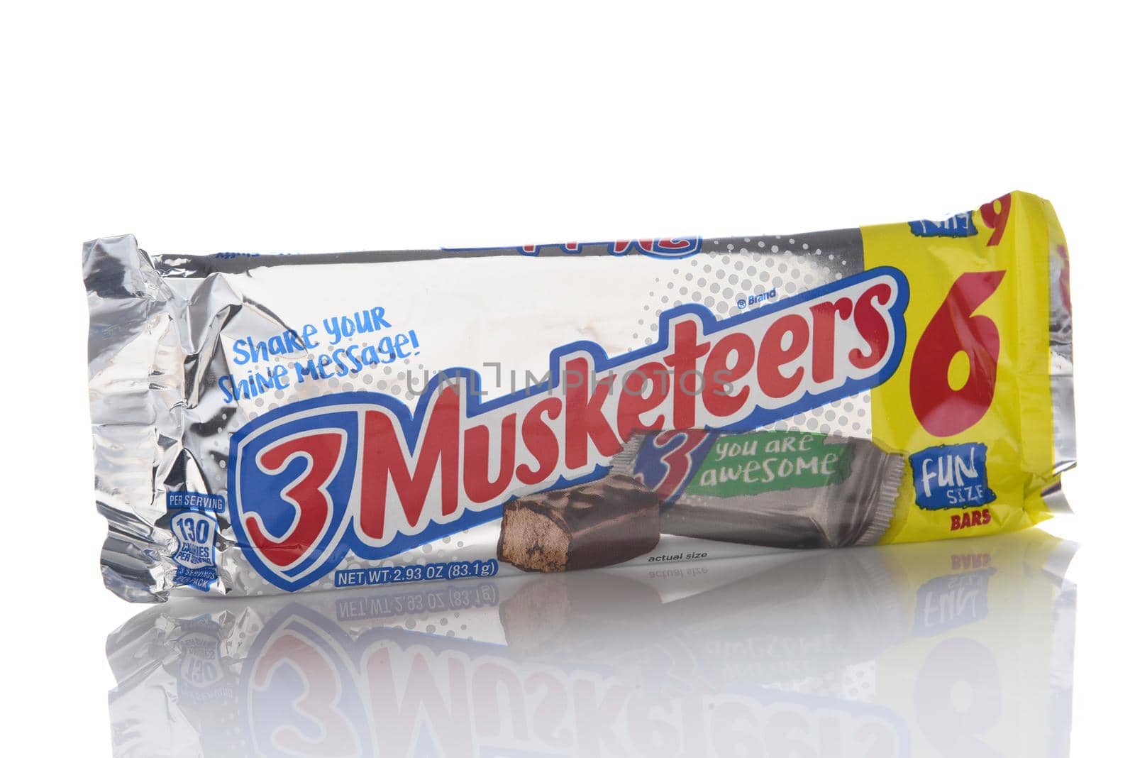 IRVINE, CALIFORNIA - 9 OCT 2019: A package of 6 Fun Size 3 Musketeers Candy Bars. 