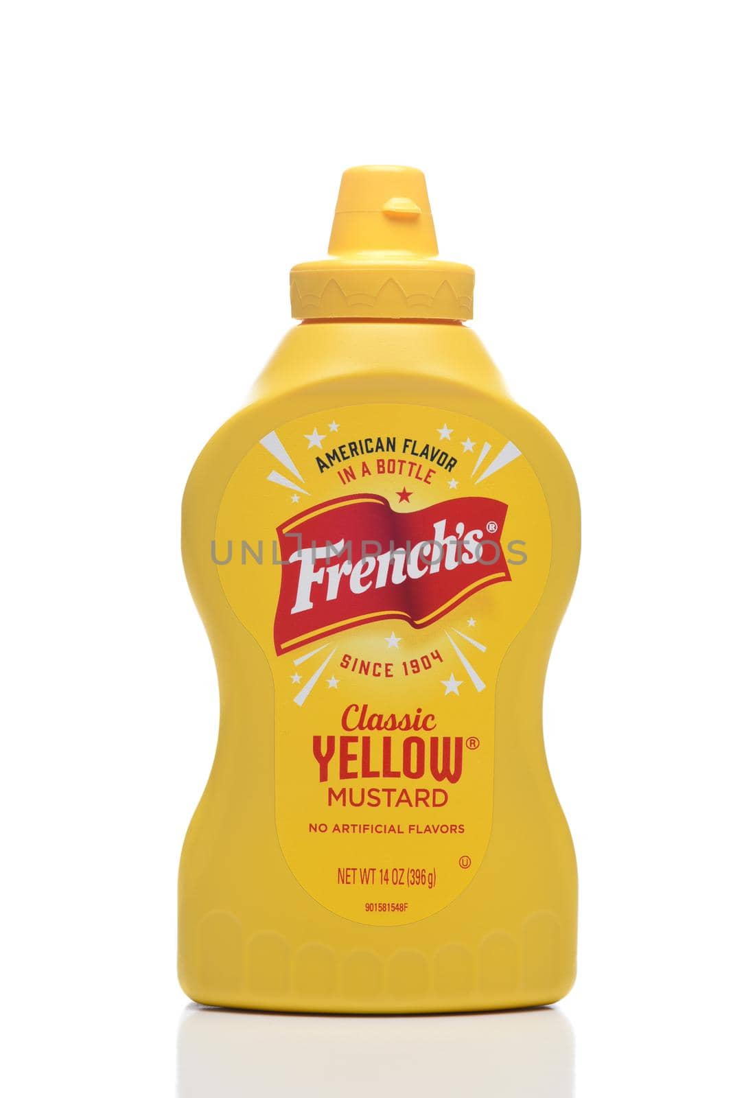 IRIVNE, CALIFORNIA - 4 JULY 2021: A 14 ounce bottle of Frenchs Classic Yellow Mustard.