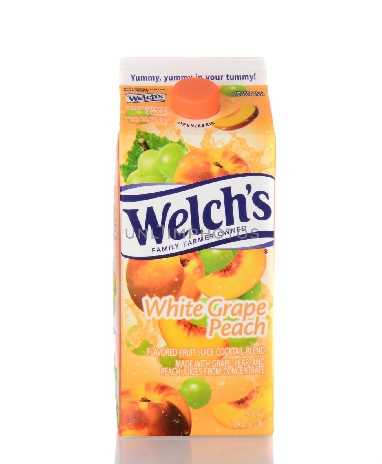 IRVINE, CA - January 05, 2014: A carton of Welchs White Grape Peach Juice. Founded in 1869, by Thomas Bramwell Welch, Welch's is the food processing arm of the National Grape Cooperative Association.