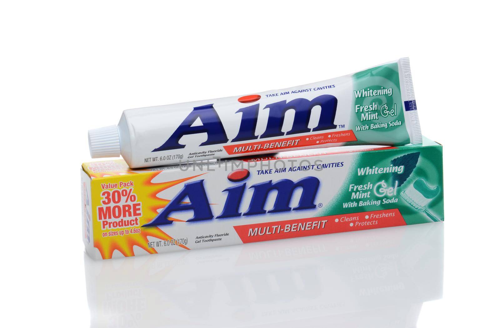 IRVINE, CA - DECEMBER 12, 2014:  A tube of Aim Toothpaste. Aim was introduced in 1975 by Unilever, the brand was purchased by Church and Dwight in 2003.