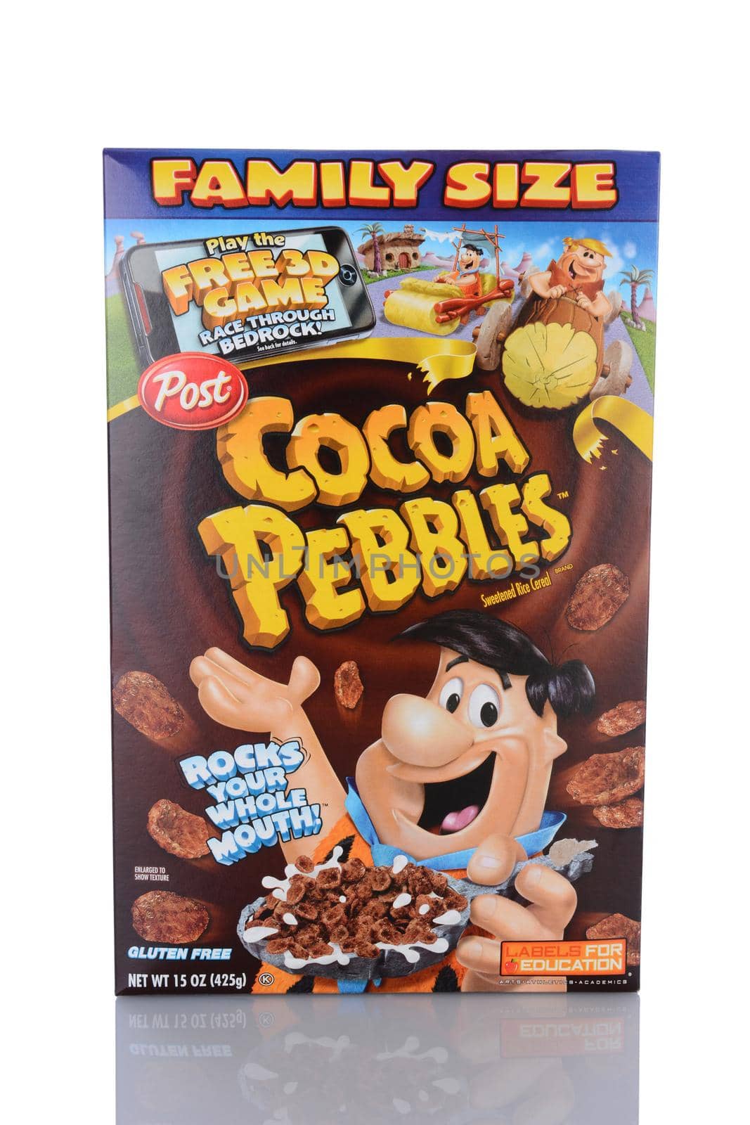 IRVINE, CA - January 29, 2014: A 15 oz box of Cocoa Pebbles breakfast cereal. The chocolate flavored crisp rice cereal bits is the oldest cereal brand based on characters from a TV series.