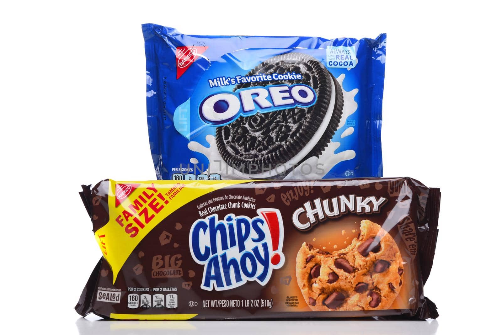 IRVINE, CALIFORNIA - 16 MAY 2020: A package of Nabisco Oreo Cookies and Chunky Chips Ahoy. 
