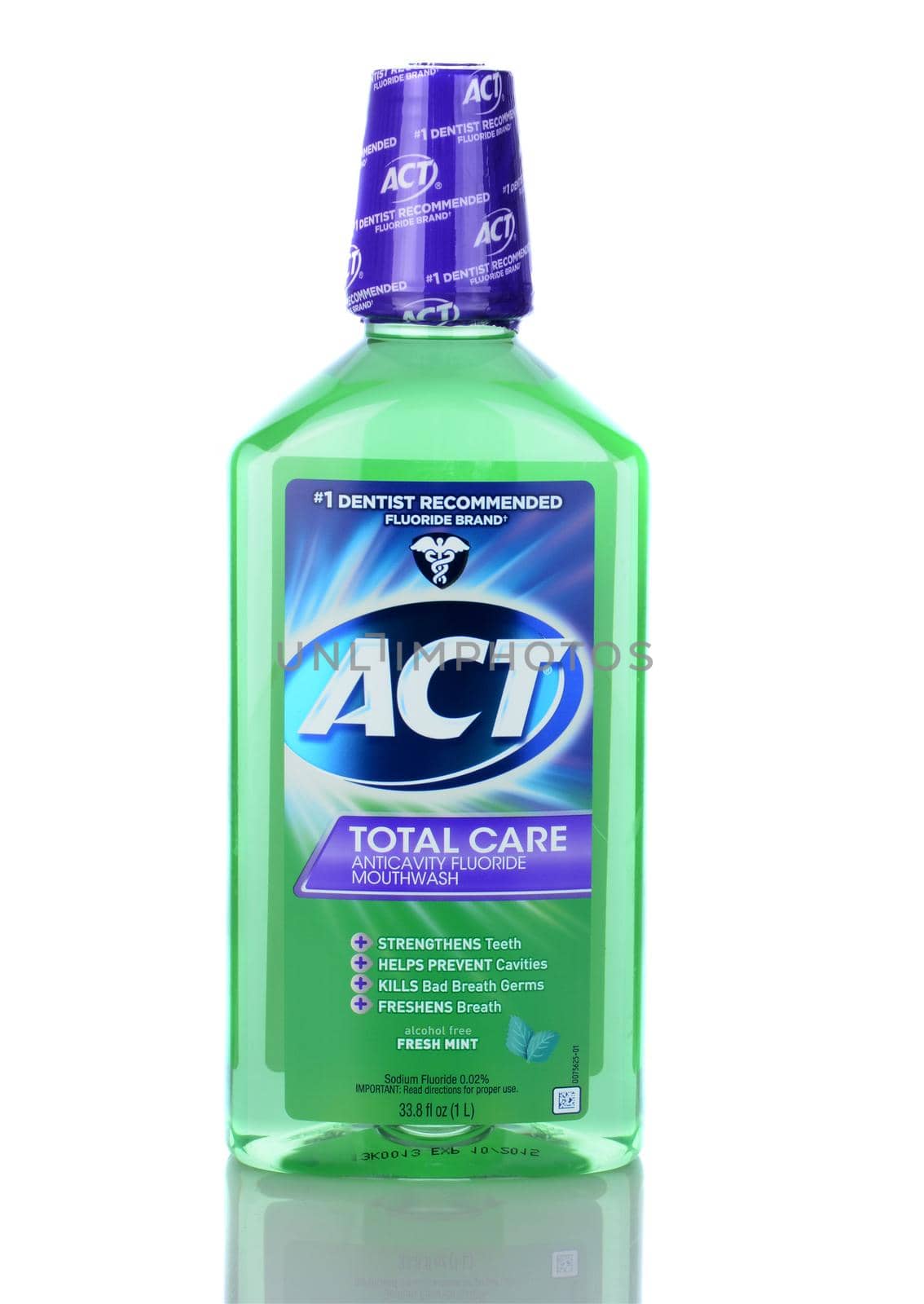 IRVINE, CA - January 05, 2014: A bottle of ACT Total Care Anticavity Mouthwash. A 1 liter bottle of the oral hygiene mouthwash with fluoride.