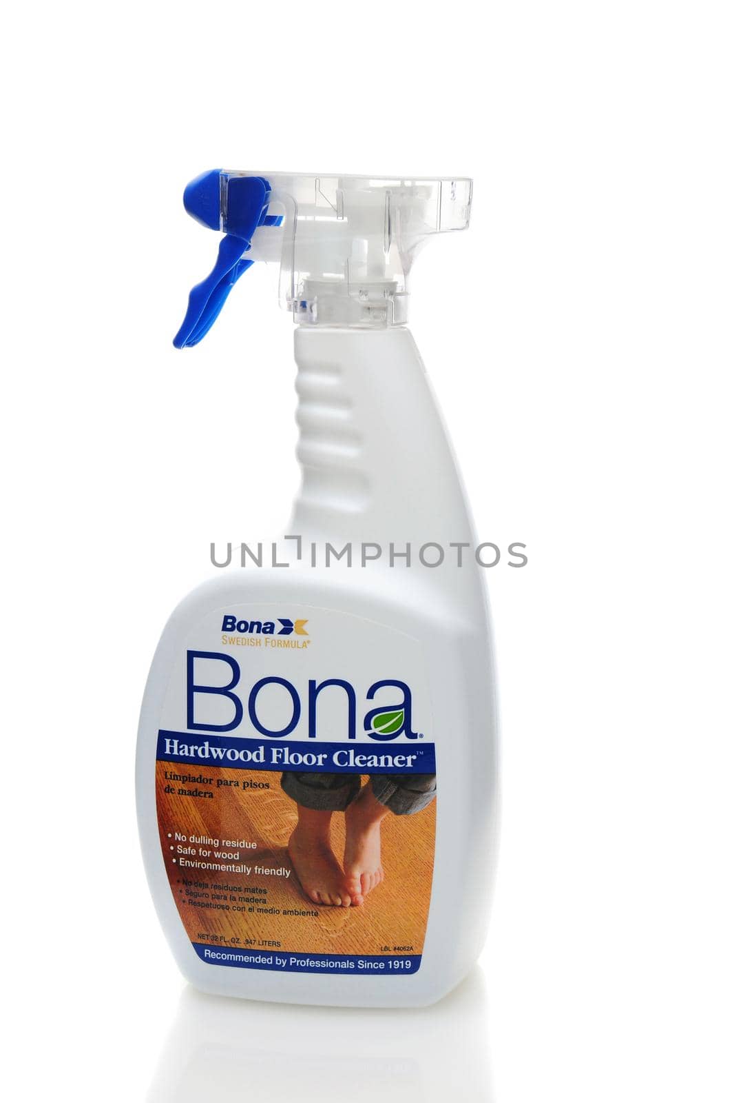 IRVINE, CALIFORNIA - 31 JAN 2011: Single 32oz bottle of Bona Hardwood Floor Cleaner on a white background.