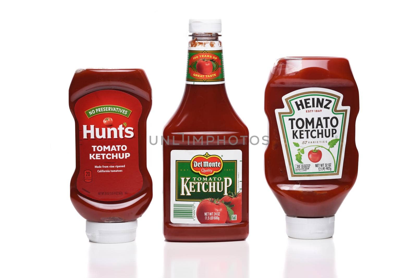 IRVINE, CALIFORNIA - 09 AUG 2020: Three bottles of the most popular Ketchups, Heinz, Hunts, and Del Monte