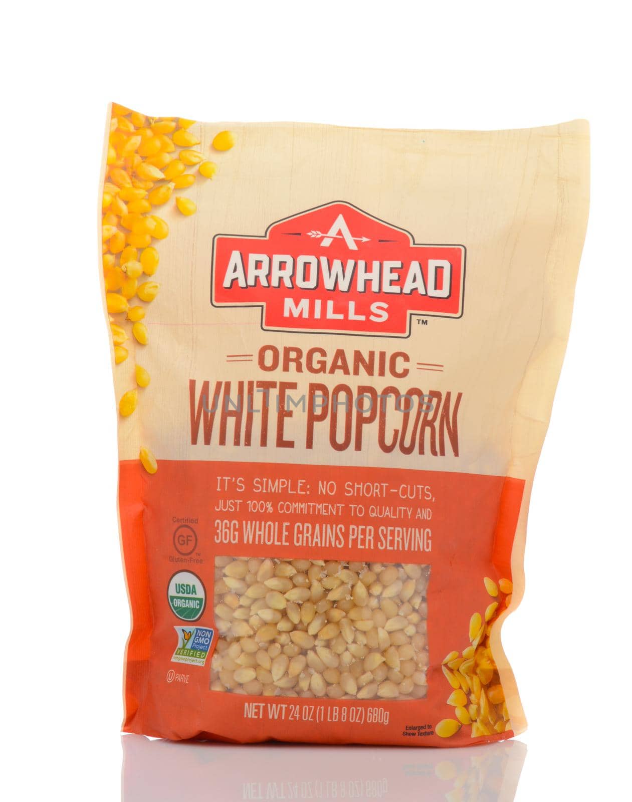 IRVINE, CALIFORNIA - MAY 22, 2019:  A bag of Arrowhead Mills Organic White Popcorn.