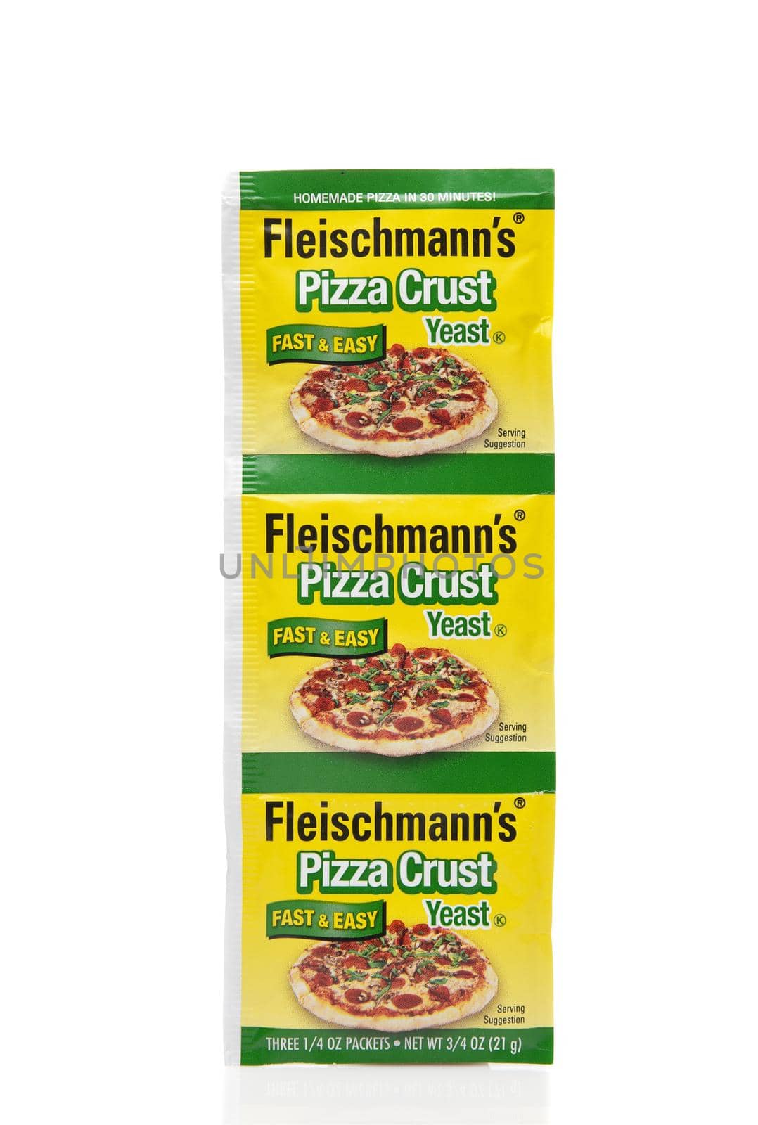 IRVINE, CALIFORNIA - AUGUST 20, 2019: Three packets of Fleischmann Pizza Crust Yeast. 