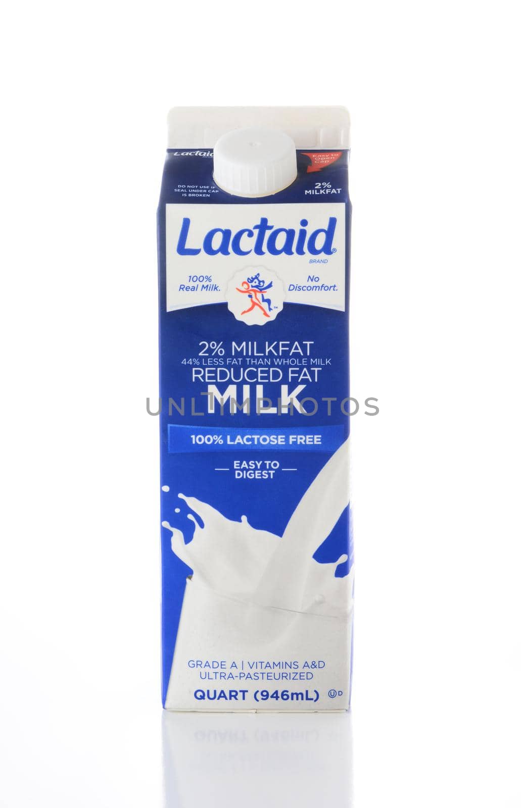 IRVINE, CA - JUNE 2, 2015: Closeup of a carton of Lactaid 2% Reduced Fat Lactose Free Milk. Lactaid makes a full line of lactose free dairy products that can be enjoyed without stomach discomfort.