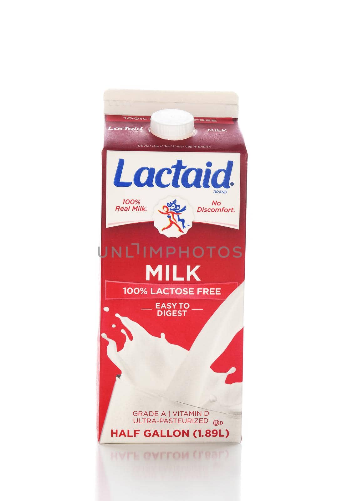 IRVINE, CALIFORNIA - NOVEMBER 16, 2016: A half gallon carton of Lactaid Lactose Free Milk. Lactaid makes a full line of lactose free dairy products that can be enjoyed without stomach discomfort.