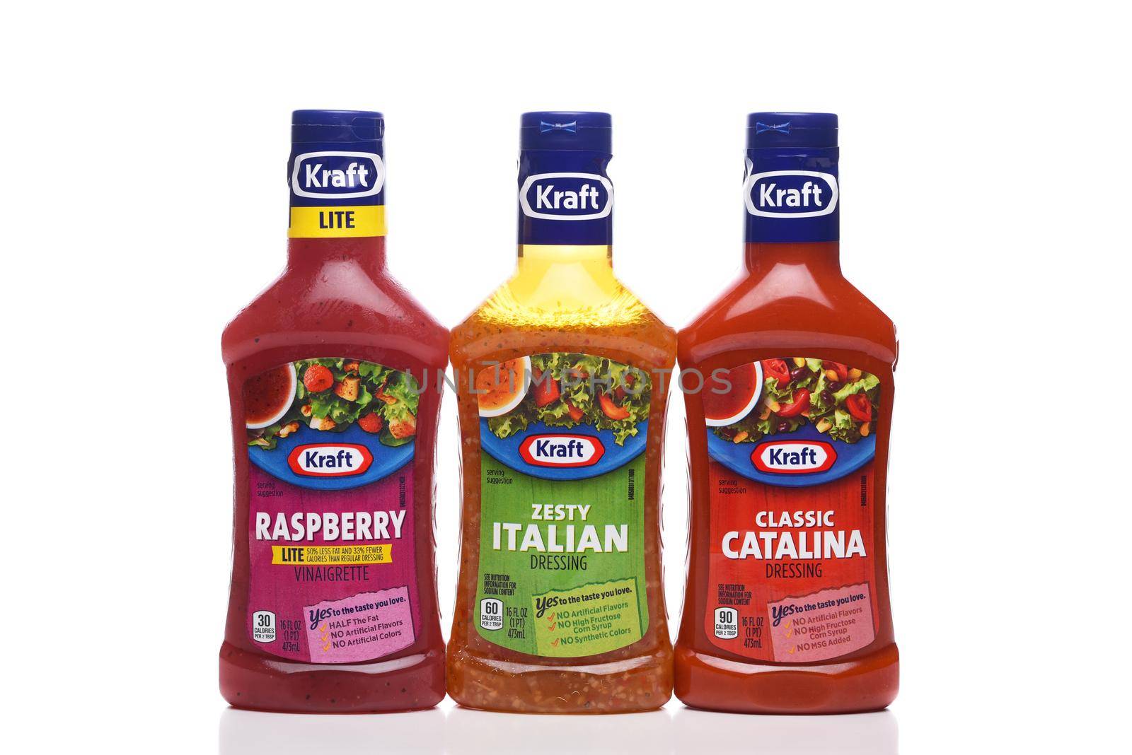IRVINE, CALIFORNIA - 16 MAY 2020: Three bottles of Kraft Salad Dressing, Raspberry Vinaigrette, Catalina and Zesty Italian. 