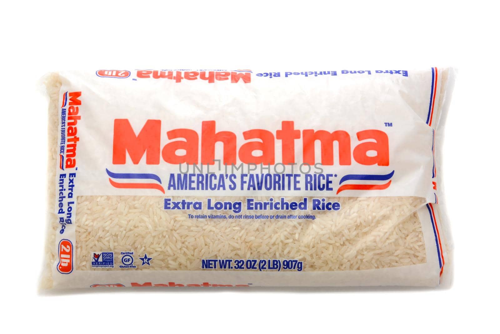 IRVINE, CALIFORNIA - MAY 22, 2019:  A 2 pound package of Mahatma Extra Long Enriched Rice. 