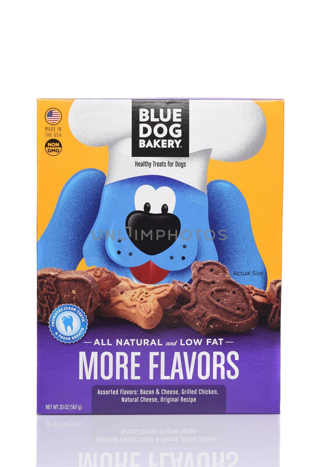 IRVINE, CALIFORNIA - 4 OCT 2019: A box of Blue Dog Bakery More Flavors healthy dog treats.