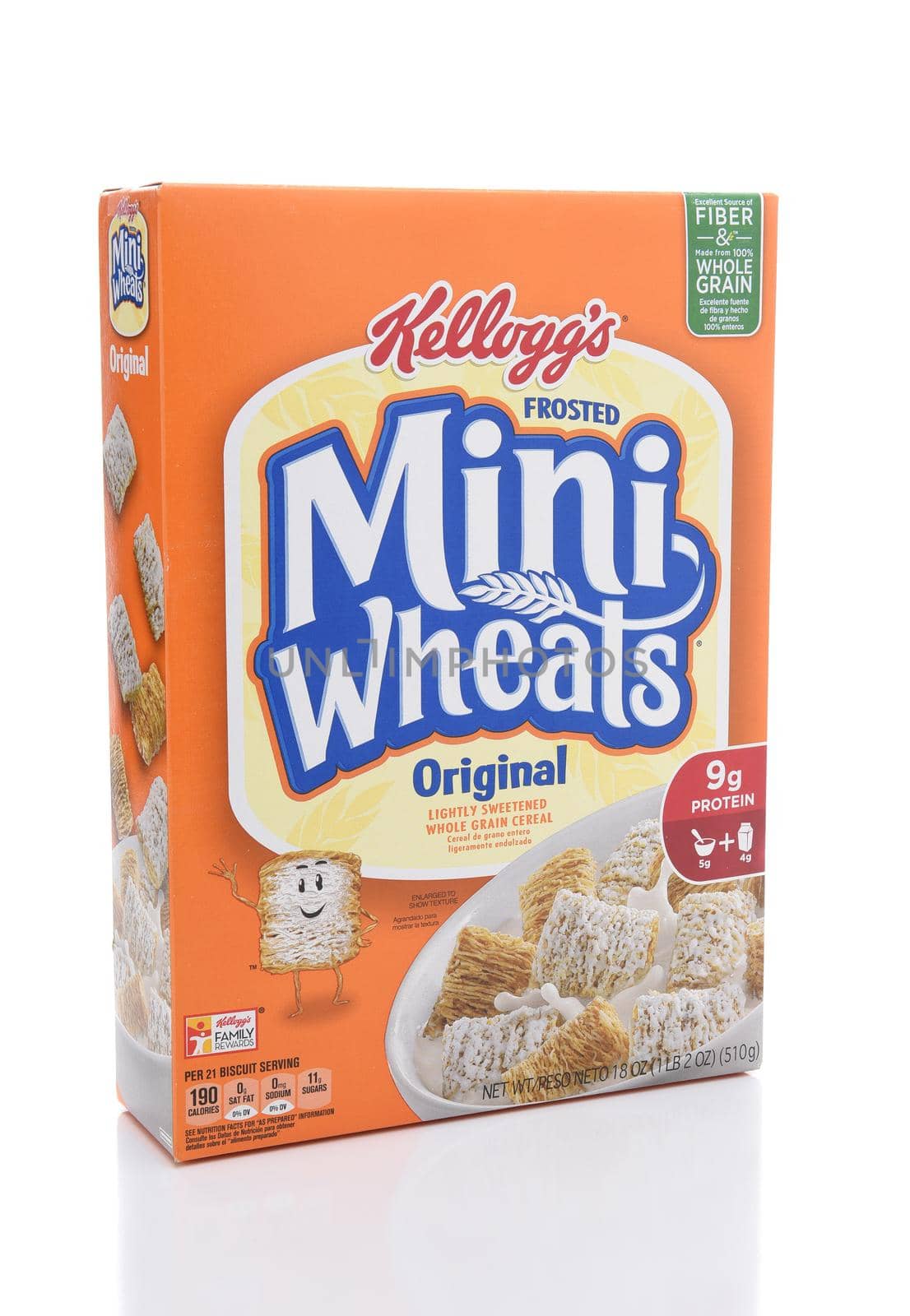 IRVINE, CALIFORNIA - JULY 10, 2017: Kelloggs Frosted Mini-Wheats. The shredded wheat cereal is coated with a sweet sugary frosting.