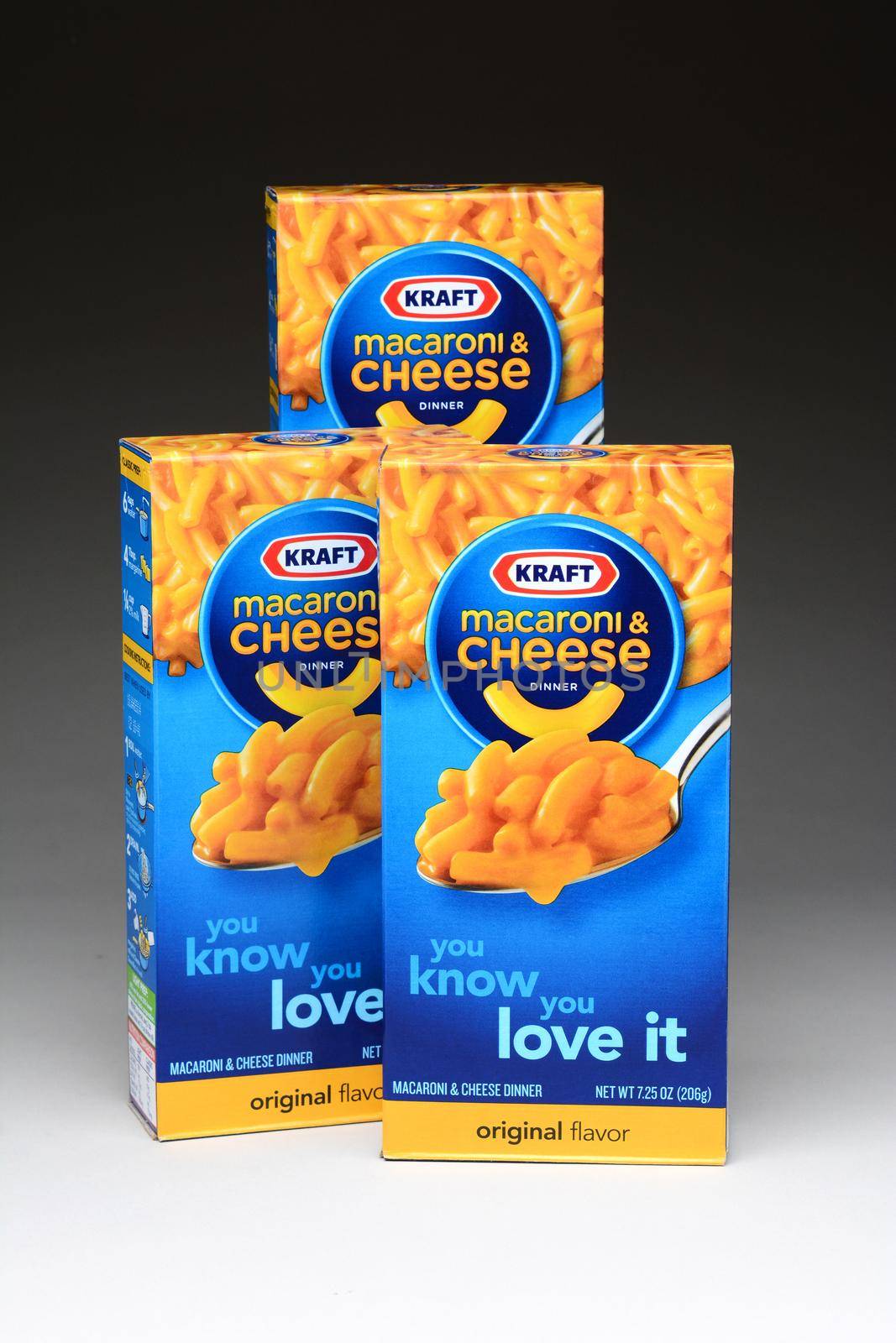 IRVINE, CA - January 11, 2013: Three boxes of Kraft Macaroni and Cheese.  The packaged meal was first introduced in 1937 during the Great Depression.