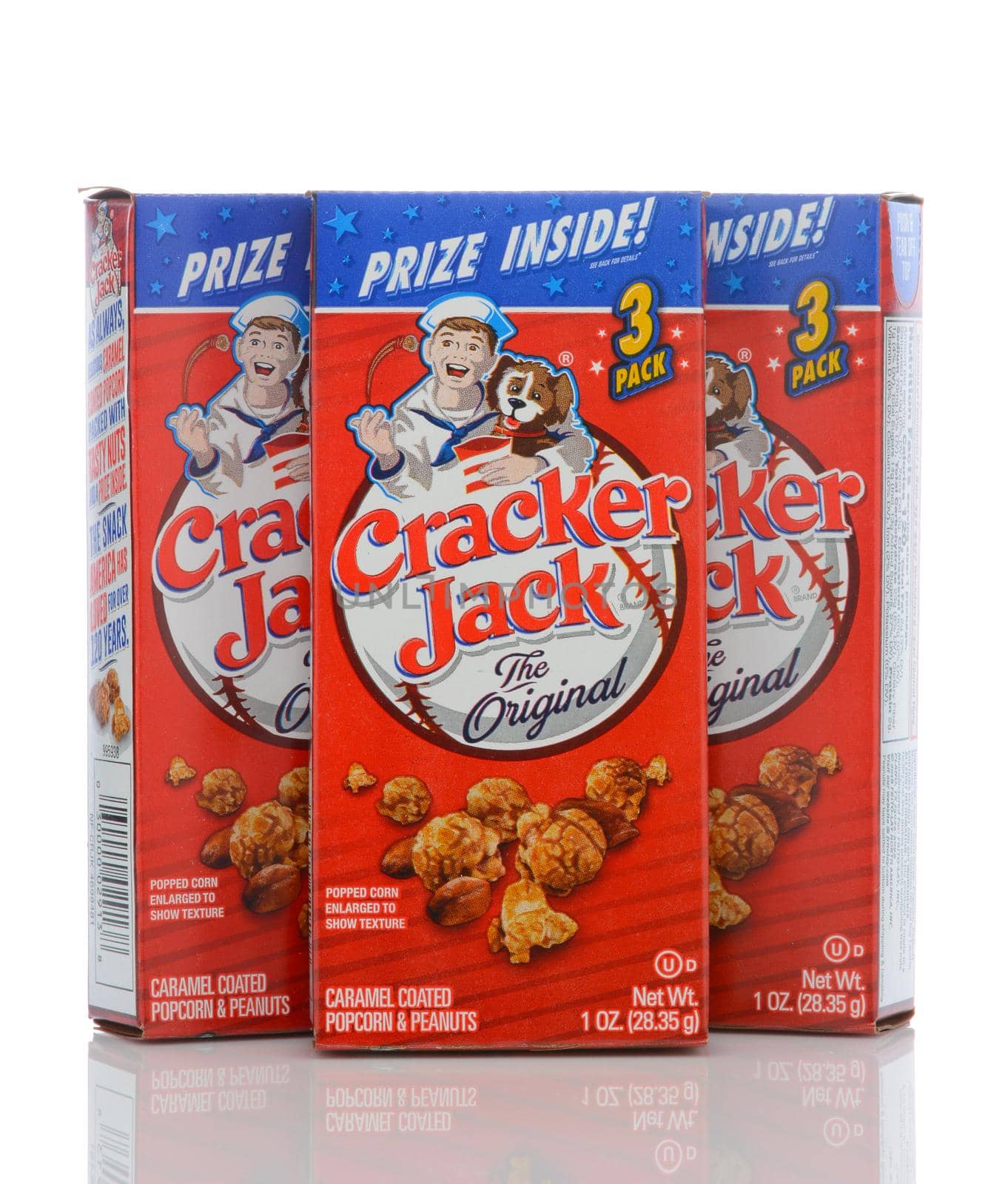 IRVINE, CALIFORNIA - MAY 23, 2019:  Three boxes of Cracker Jack. The brand registered in 1896, is a snack consisting of molasses flavored, candy coated, popcorn and peanuts.